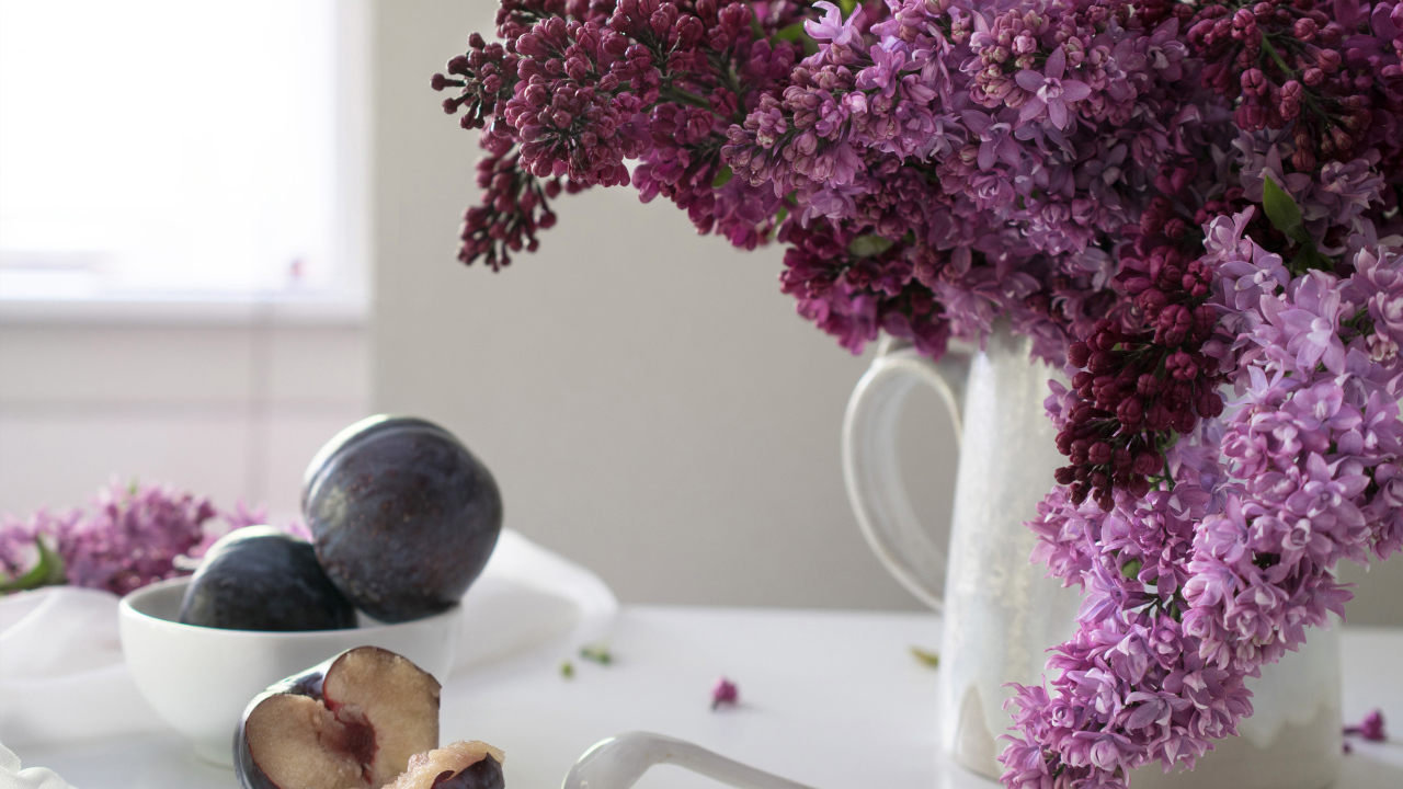 Красивый букет сирени в белой вазе на столе со сливами