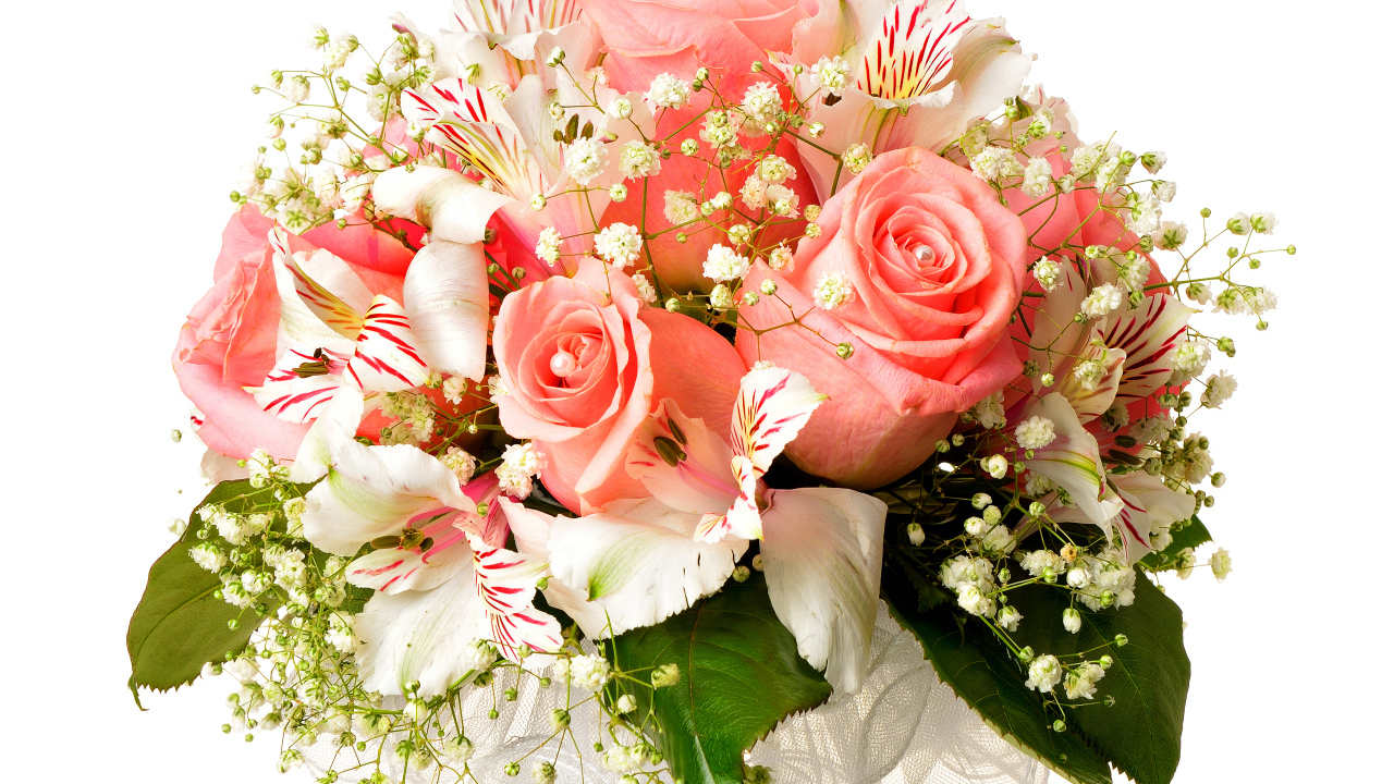 Букет из розовых роз с цветами альстрёмерия на белом фоне