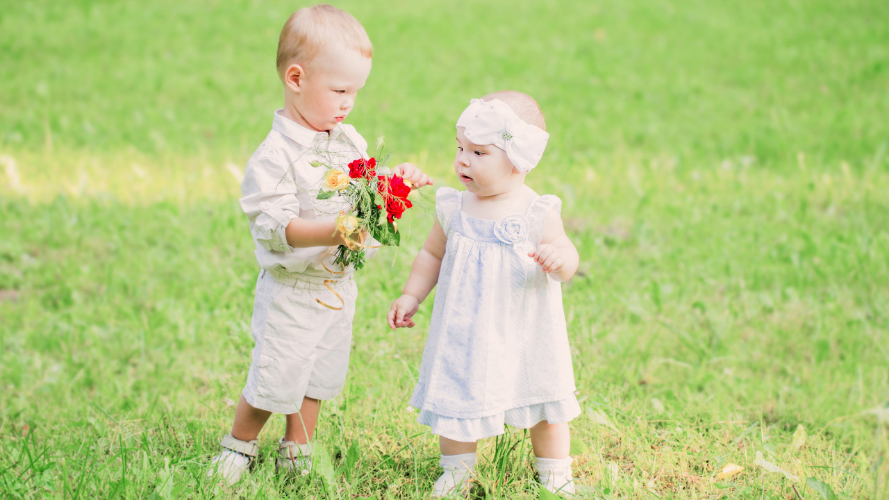 Маленький мальчик дарит букет полевых цветов девочке