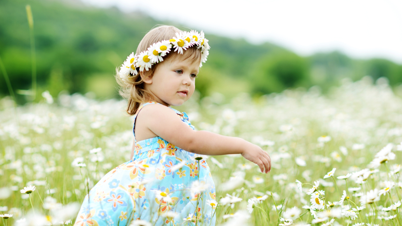 Маленькая девочка в сарафане гуляет по полю с ромашками летом