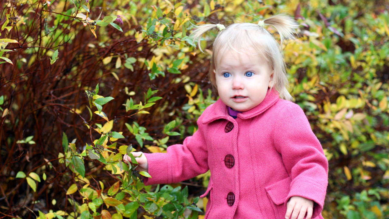 Маленькая голубоглазая девочка в розовом пальто