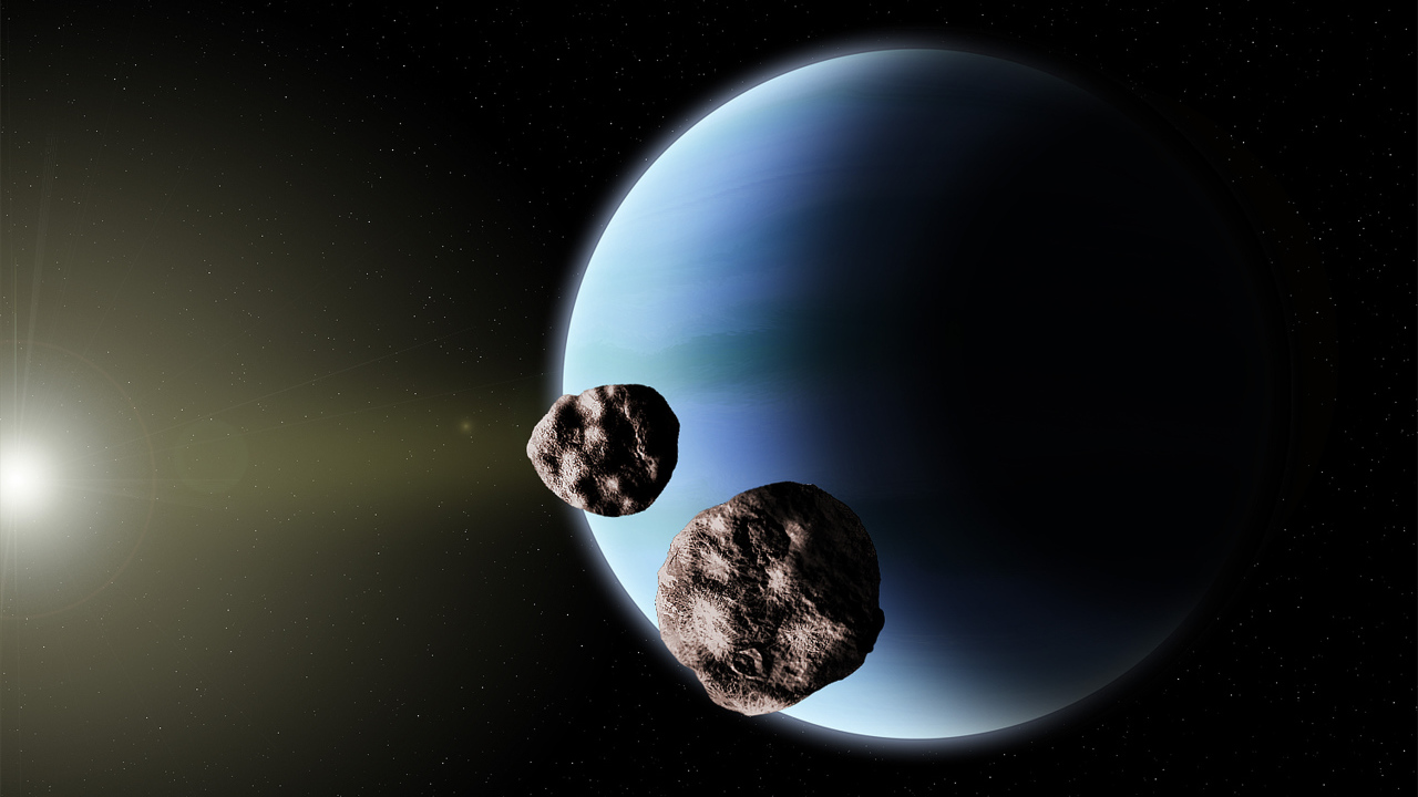 Полет астероидов рядом с планетой Нептун 