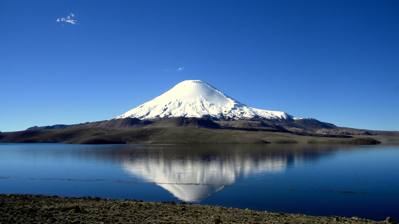 Озеро Чунгара на фоне заснеженной вершины вулкана Сахама, Чили 