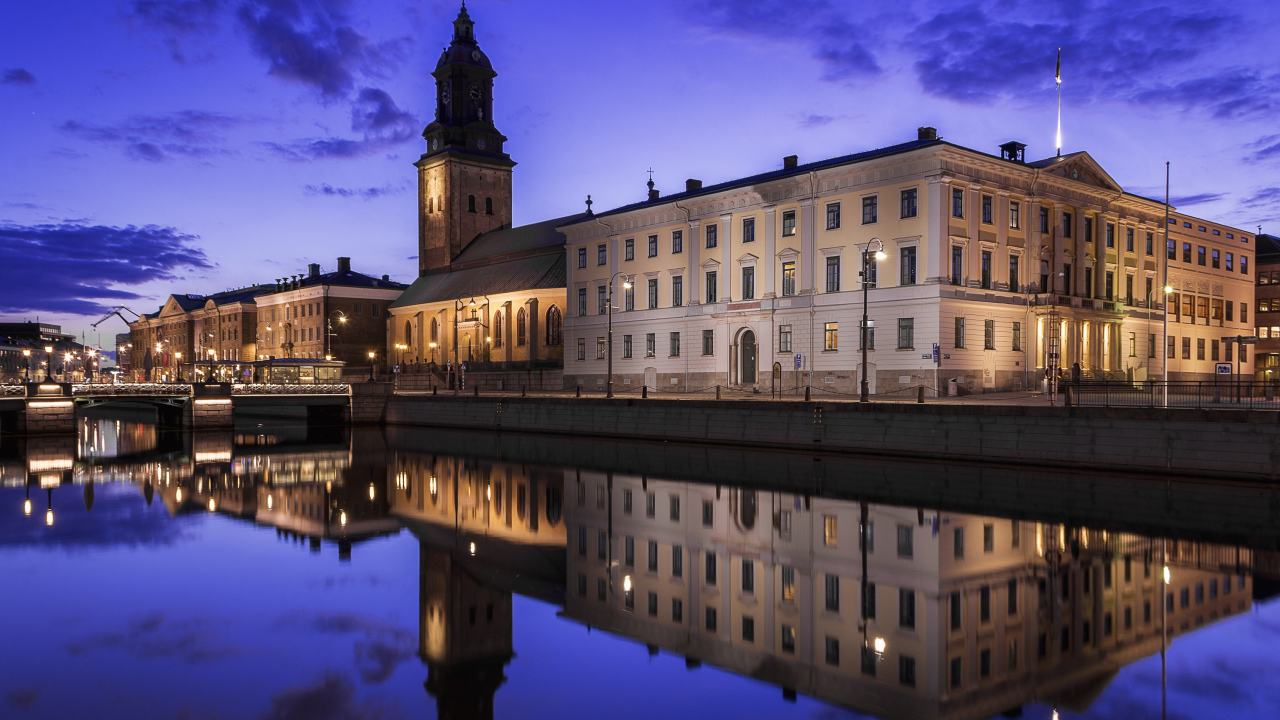 Beautiful old building in the city of Gothenburg reflected in the river, Sweden