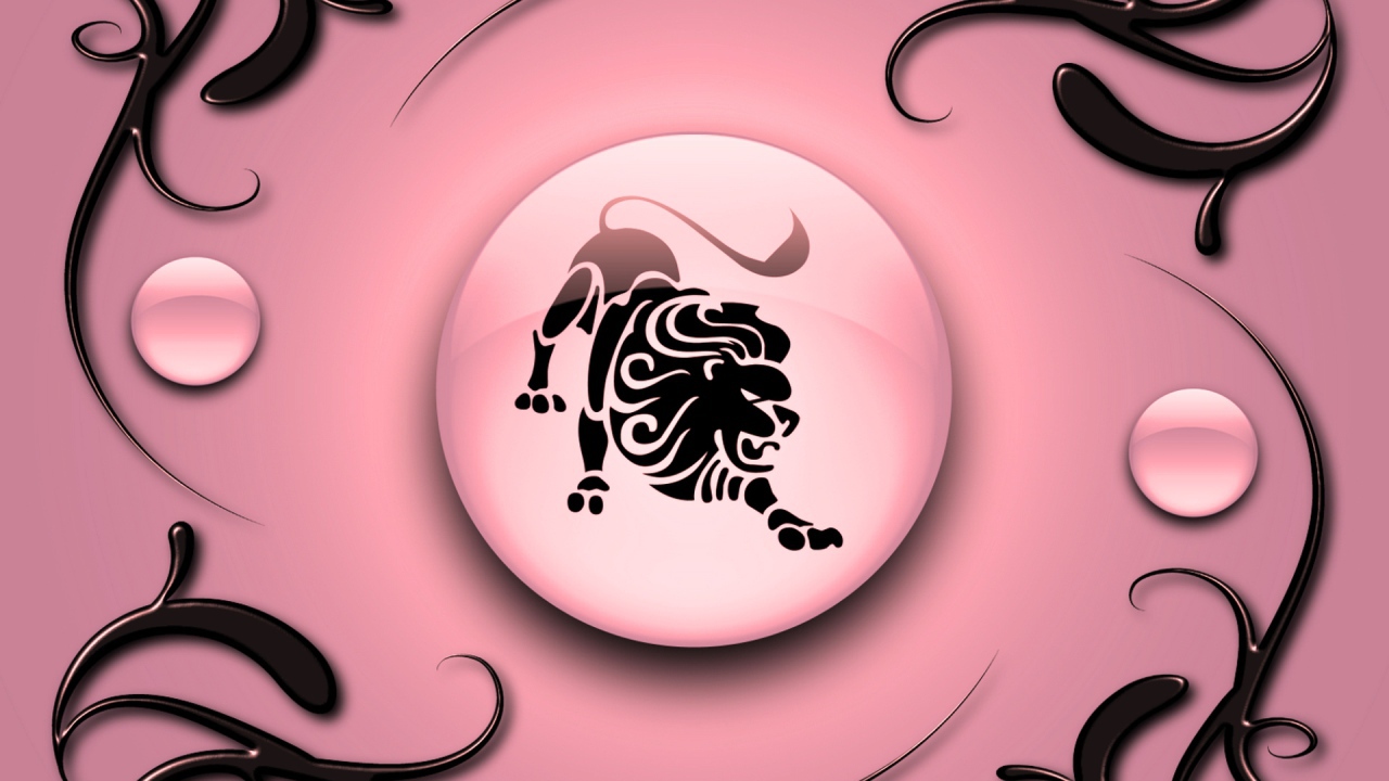 Знак зодиака Лев на  розовом фоне с чёрным орнаментом 
