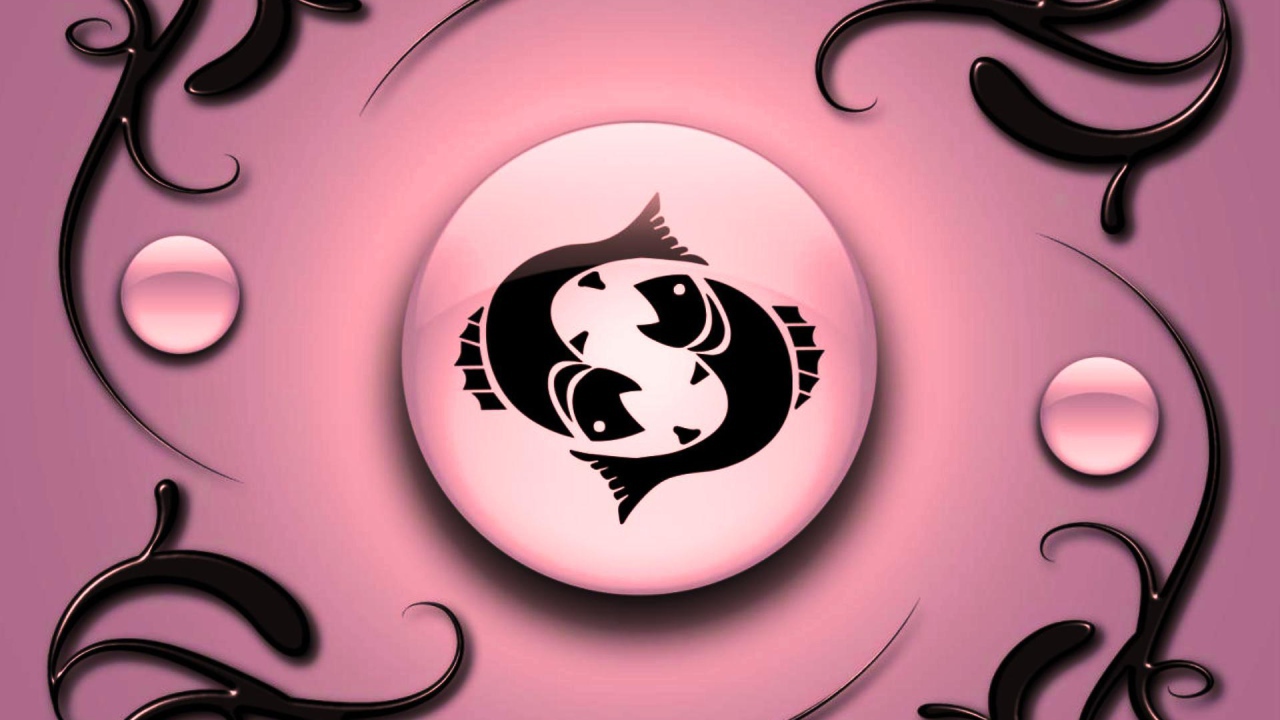 Знак зодиака Рыбы на  розовом фоне с чёрным орнаментом 