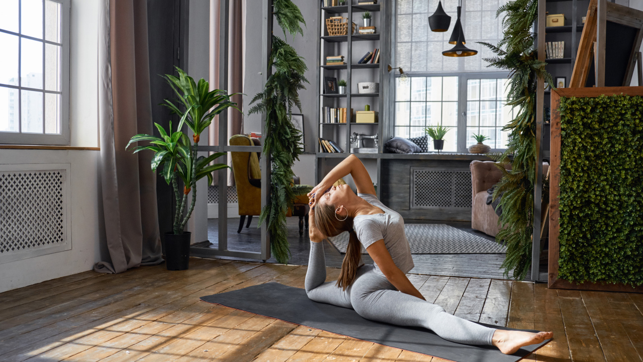 Красивая спортивная девушка шатенка занимается фитнесом