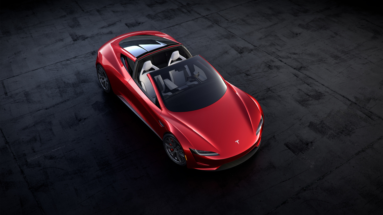 Красный автомобиль Tesla Roadster, 2020 вид сверху