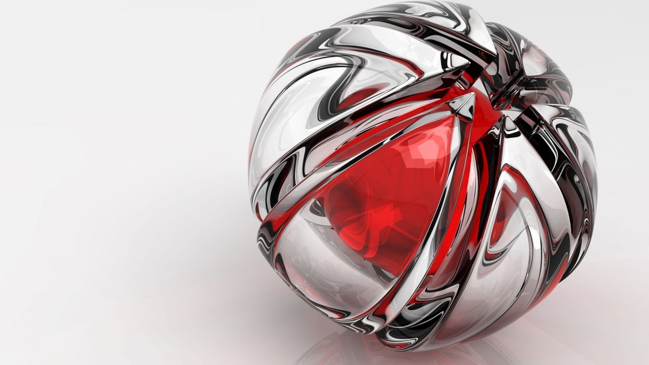 Большой серебряный шар с красной серединой на сером фоне, 3д графика