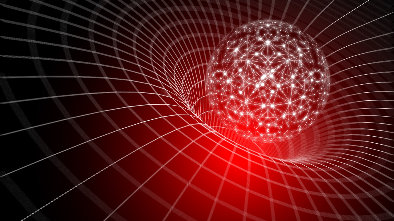 Светящийся белый шар погружается в воронку виртуальной сетки, 3д графика