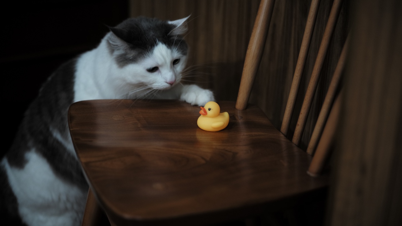 Кот с желтой резиновой уточкой на стуле