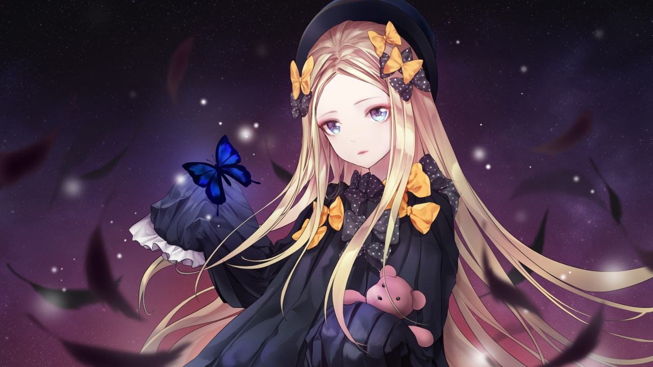 Красивая девушка аниме с бантиками в длинных волосах 