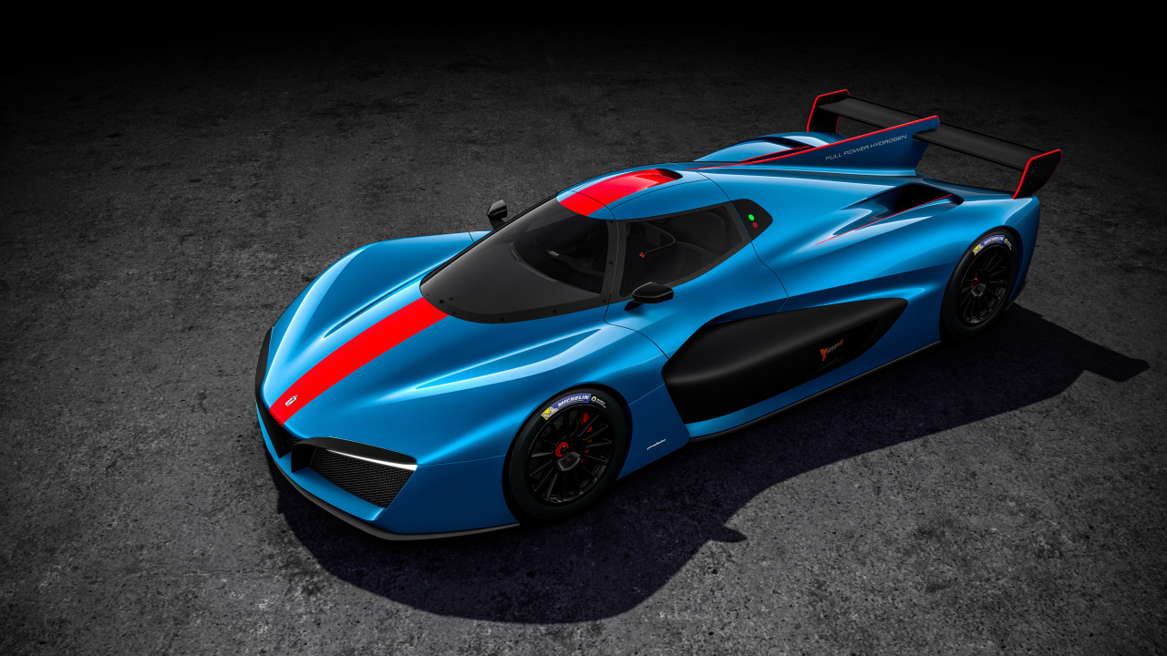 Голубой гоночный автомобиль Pininfarina H2 Speed Front 2018
