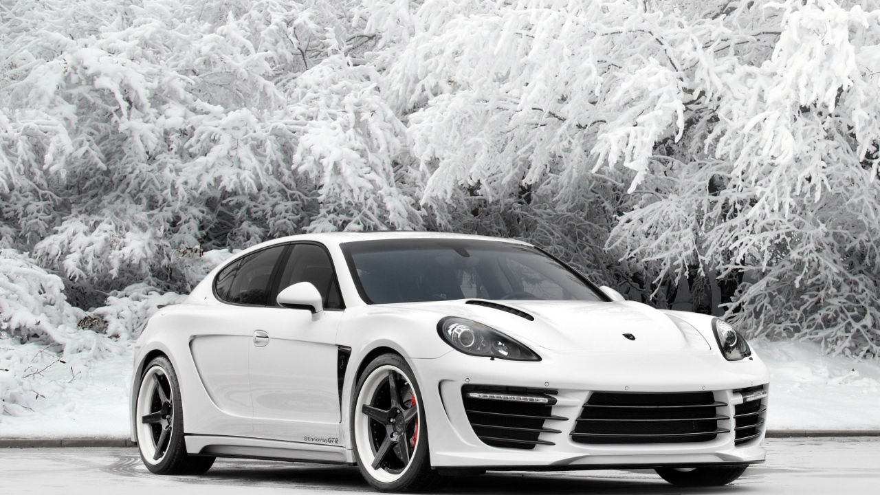 Белый автомобиль Porsche Panamera на фоне покрытых инеем деревьев 