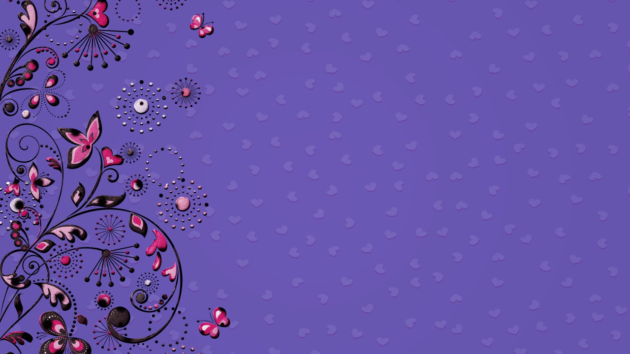 Узоры с бабочками и сердечками на фиолетовом фоне