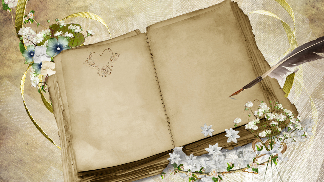 Старая книга с пером и цветами, шаблон для поздравительной открытки