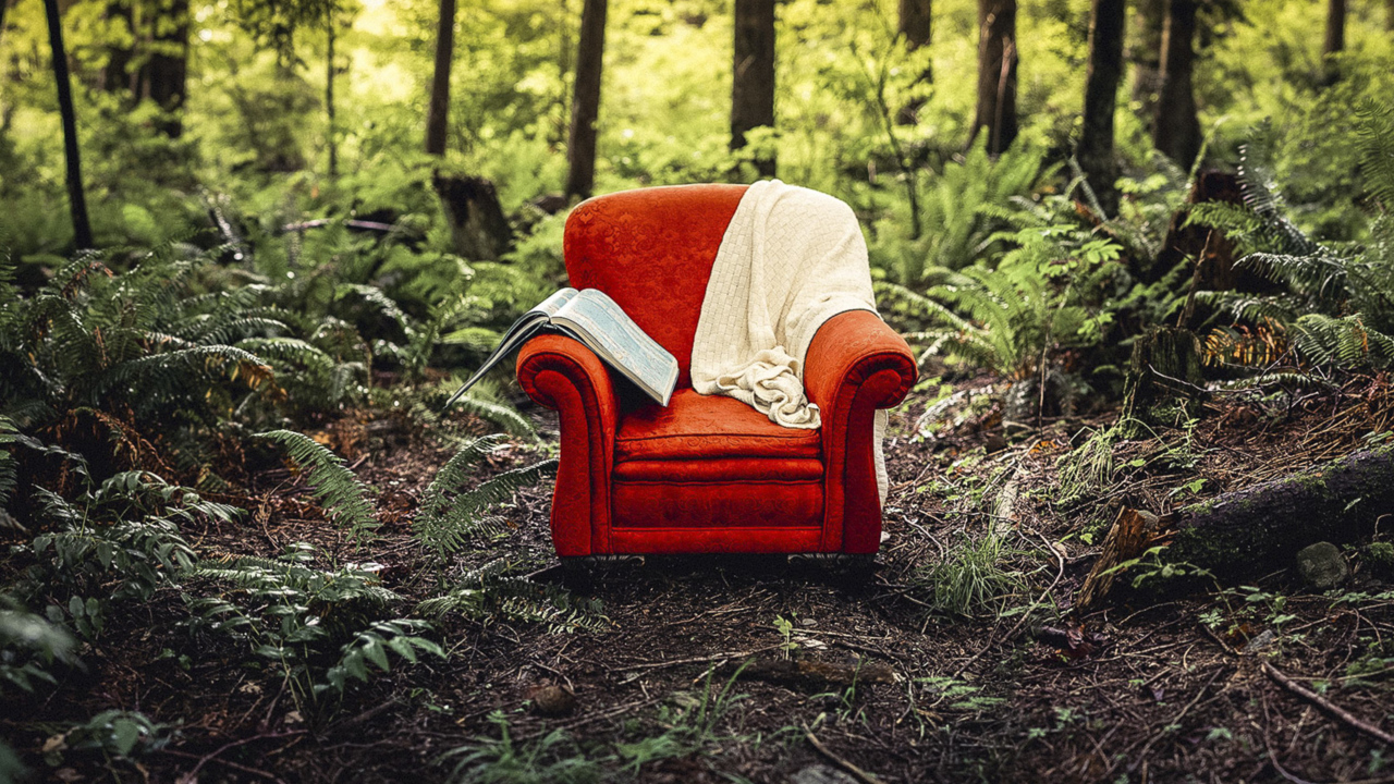 Старое красное кресло с книгой и пледом в лесу 