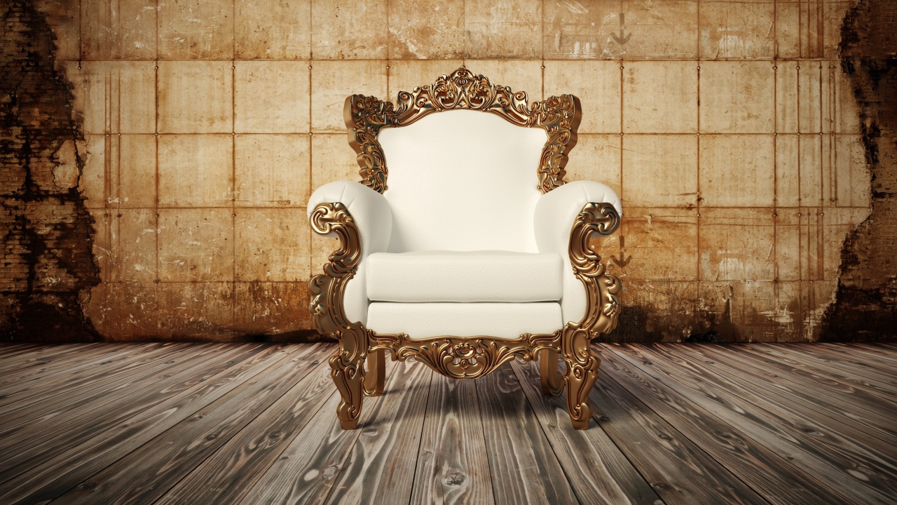 Белое новое кожаное кресло на деревянном полу у старой стены