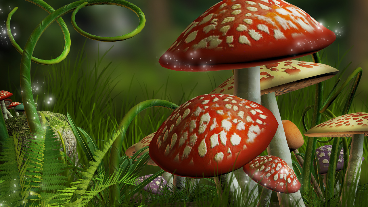 Нарисованные фантастические грибы мухоморы