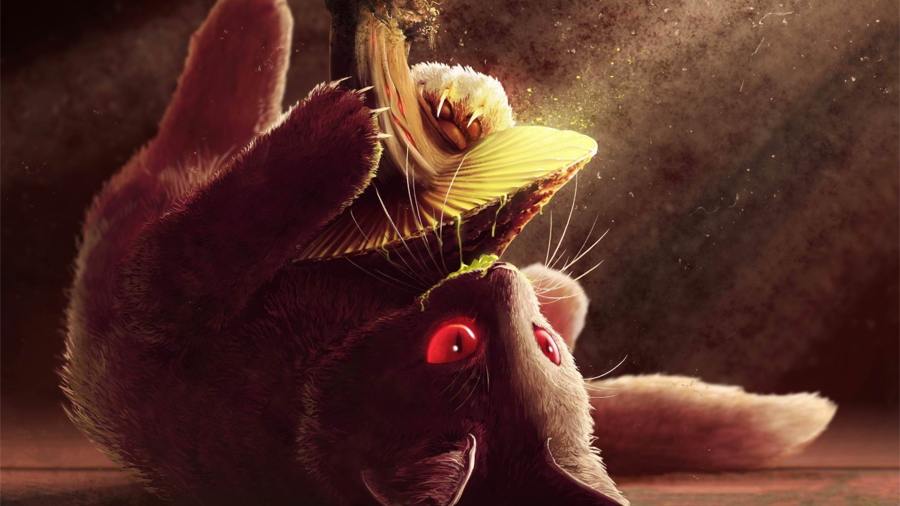 Нарисованный котенок с грибом 