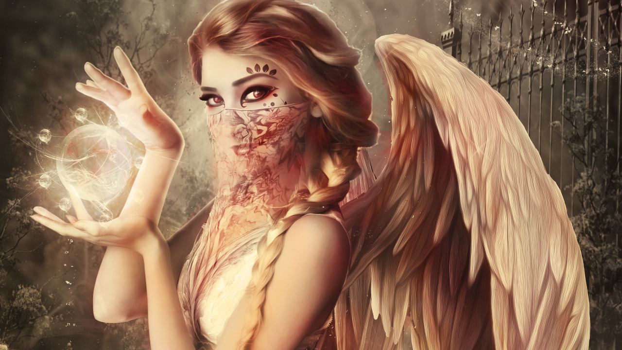 Девушка ангел со сферой в руках, фэнтези