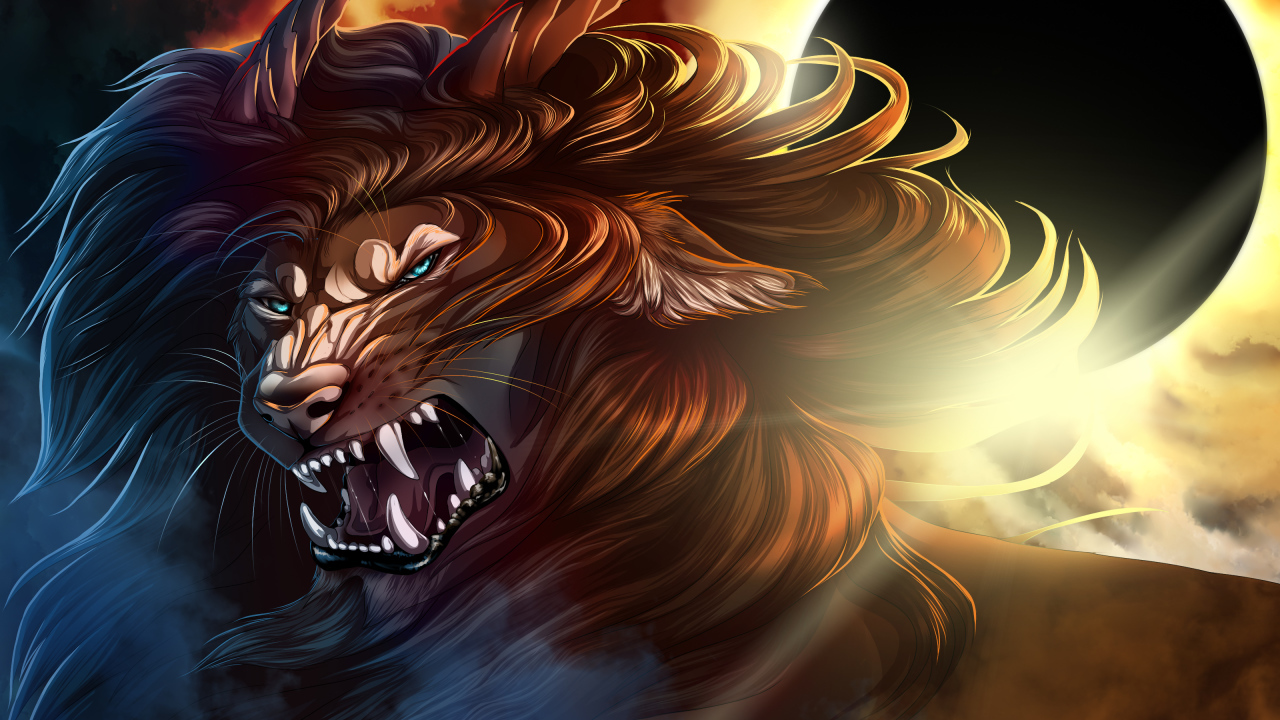 Грозный лев с рогами на фоне черной луны, фэнтези