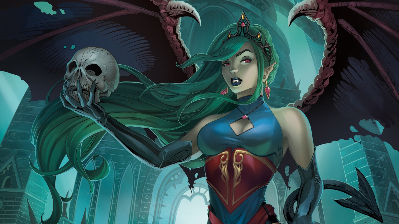 Девушка вампир с черепом в руке, фэнтези