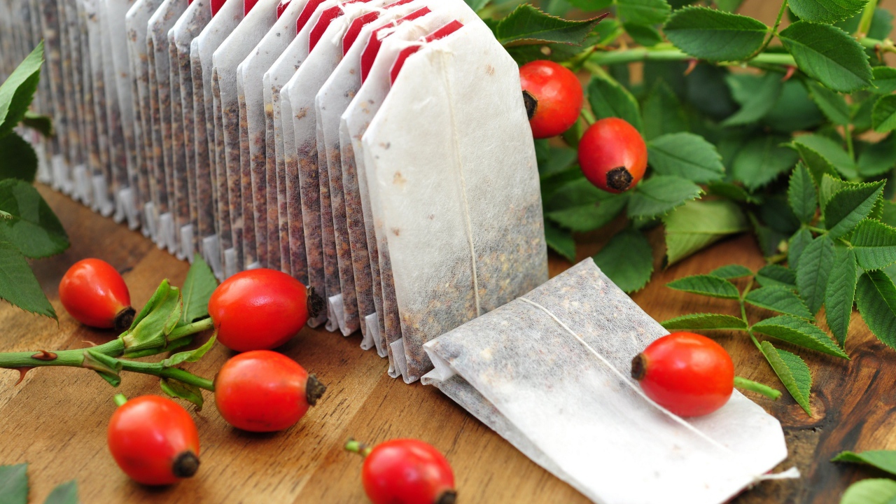 Чай в пакетиках на столе с ягодами шиповника 