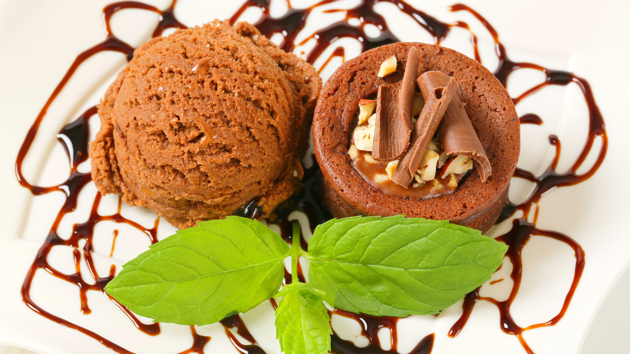 Шоколадное мороженое с кексом на тарелке