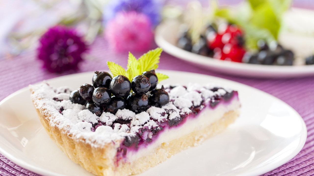 Кусок пирога с черной смородиной на белой тарелке 