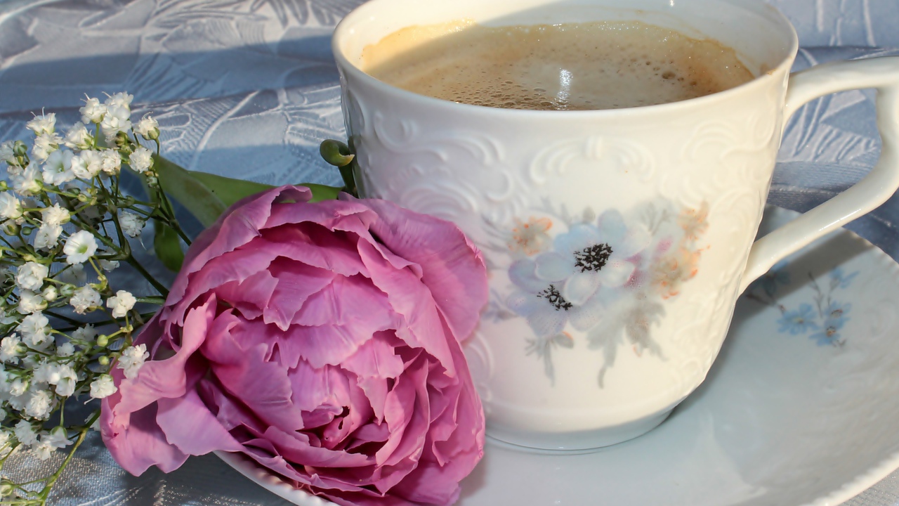 Чашка кофе с розовым цветком пиона и белыми цветами