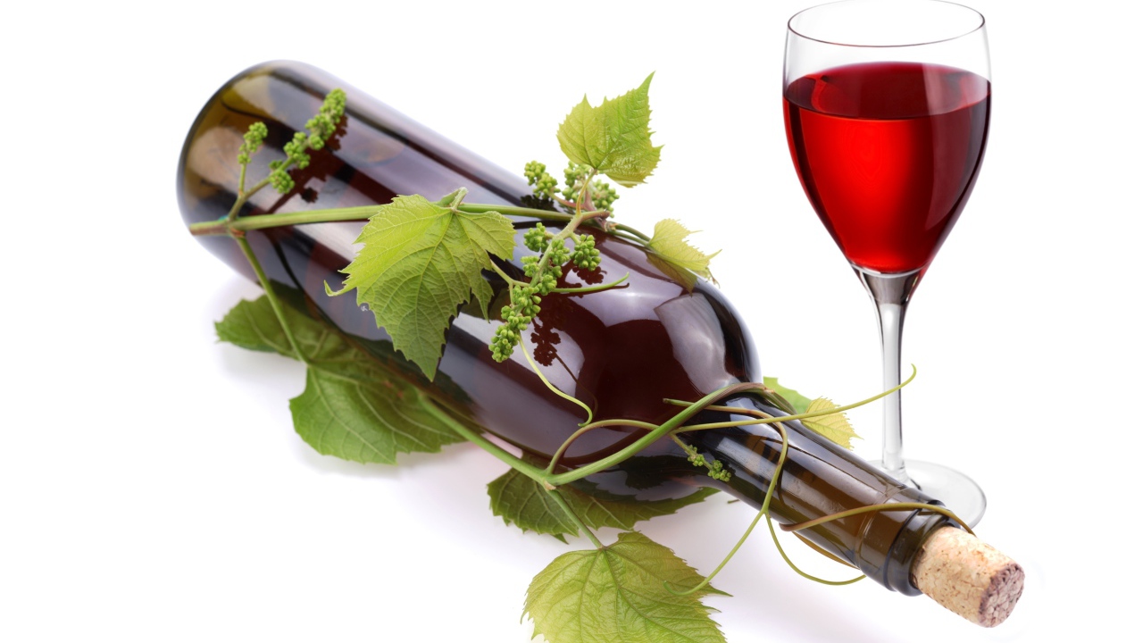 Бутылка вина в виноградной лозе с бокалом на белом фоне