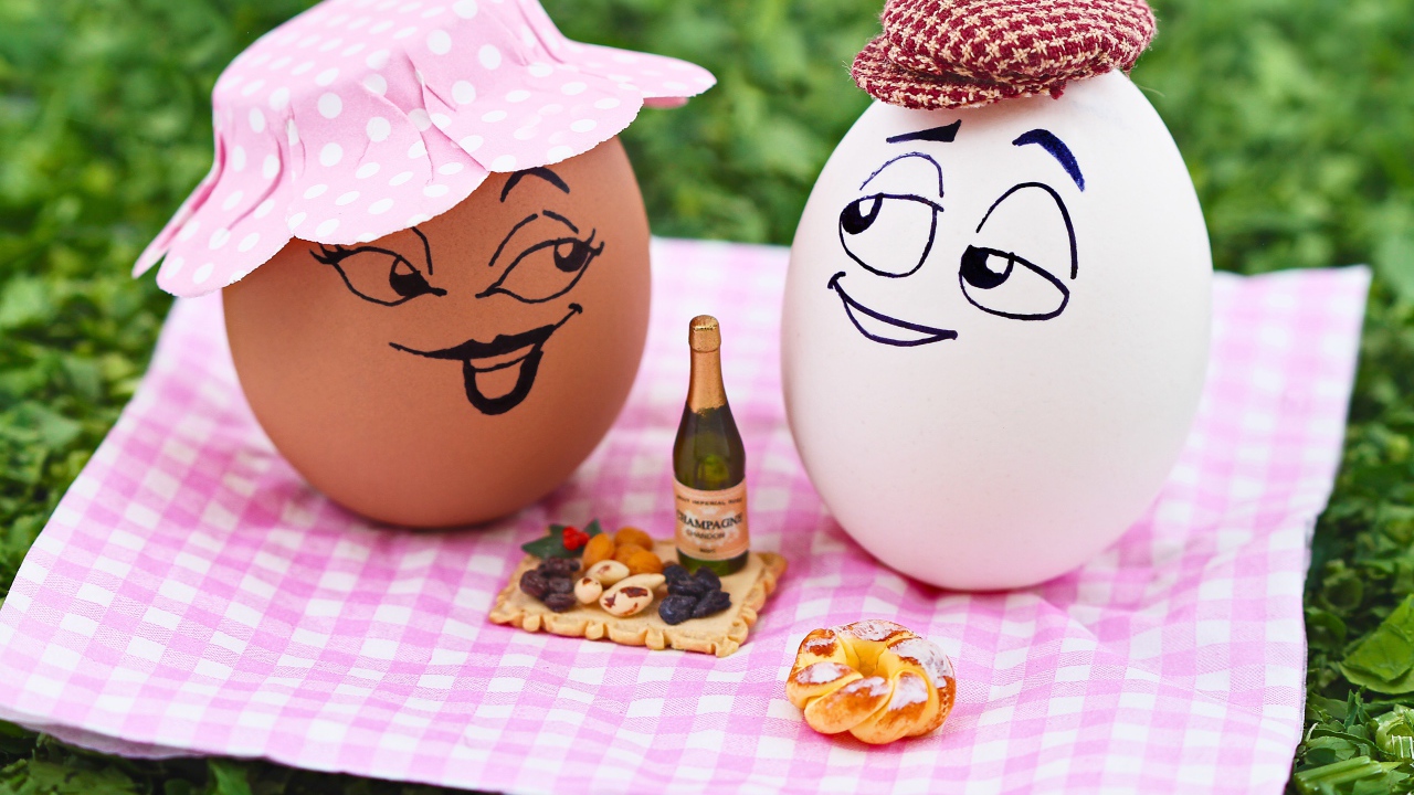 Two eggs have a picnic in nature