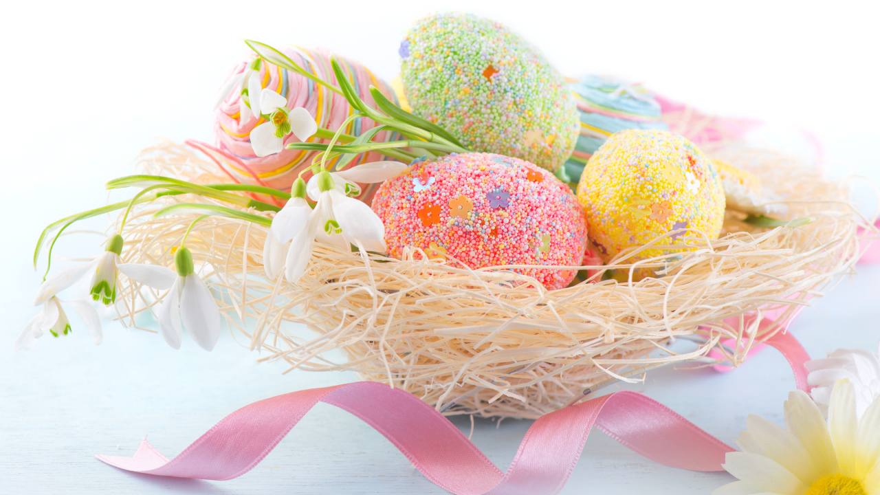 Красивые крашеные  пасхальные яйца с подснежниками на белом фоне