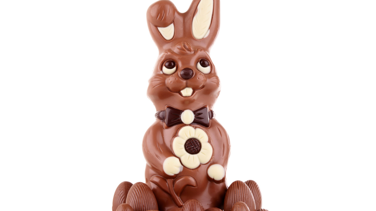 Шоколадный пасхальный кролик с яйцами на белом фоне