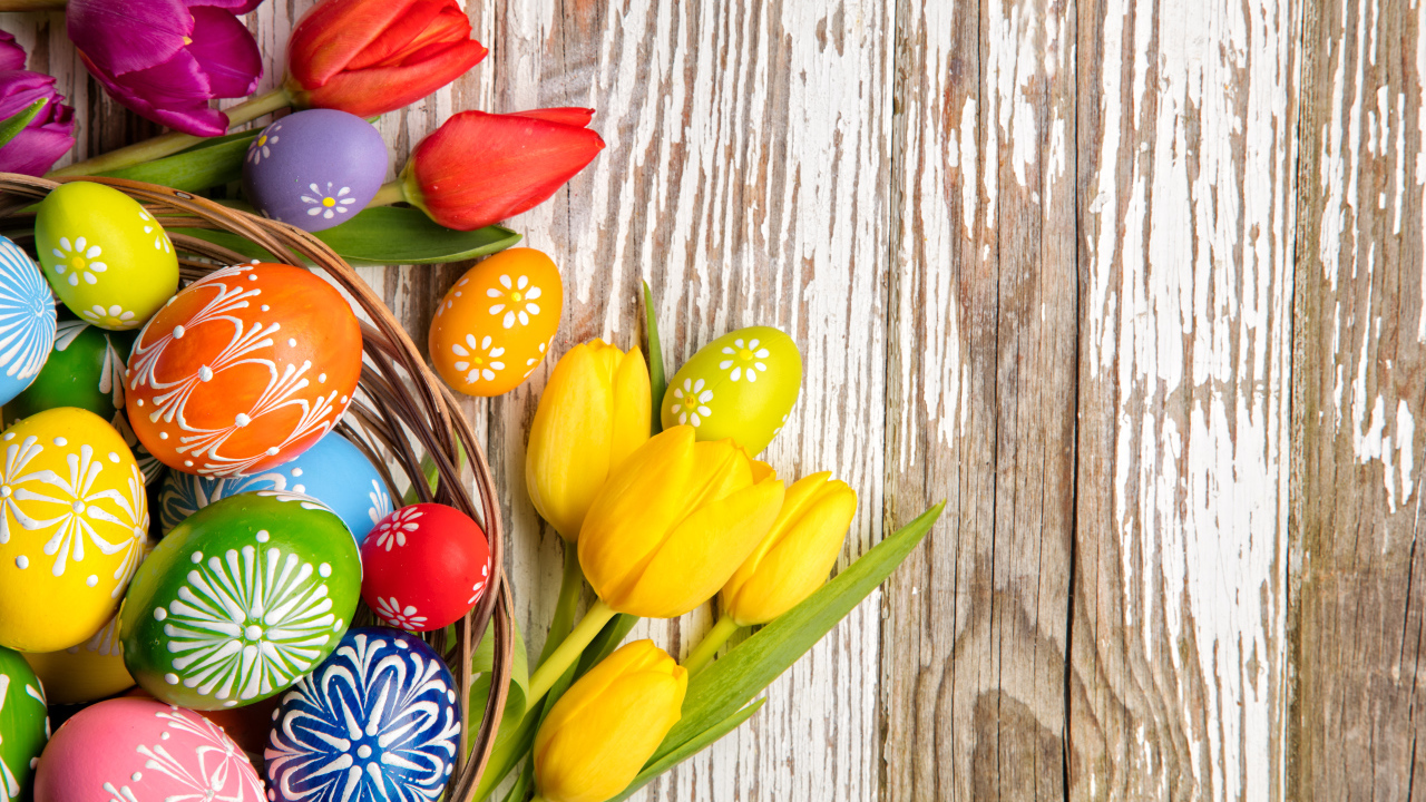 Крашеные яйца и тюльпаны на Пасху, фон для открытки