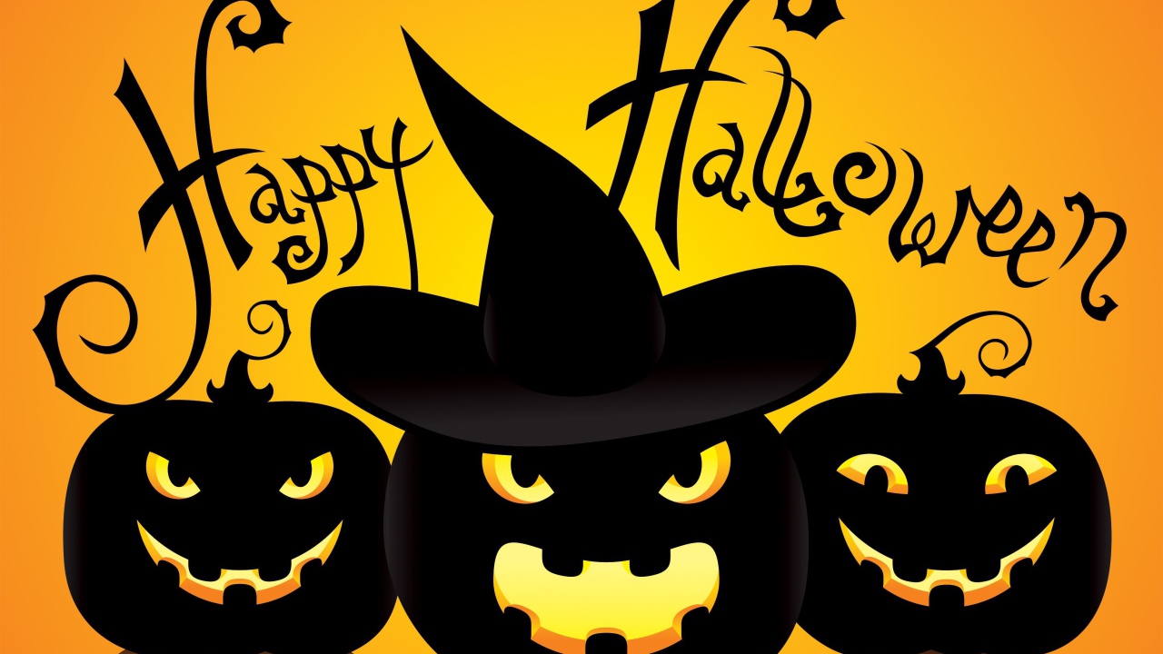 Черные тыквы в шляпах на желтом фоне к празднику Хэллоуин