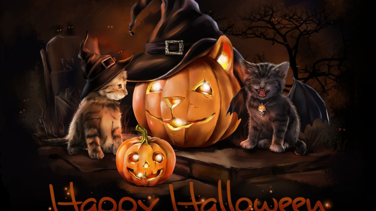 Смешные котята с тыквой на праздник Хэллоуин