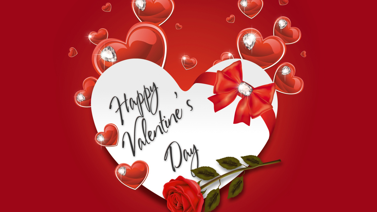 Открытка с сердечками на красном фоне на день Святого Валентина 