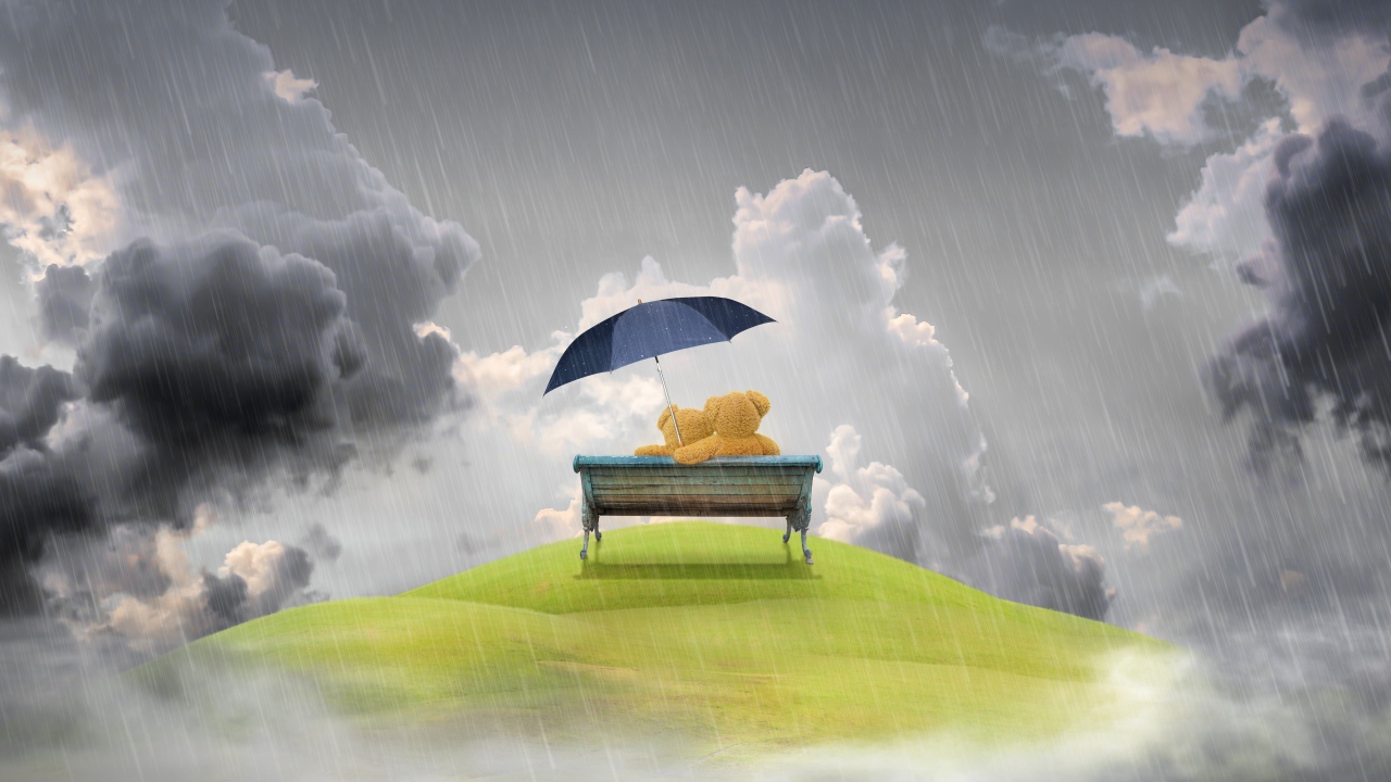 Влюбленные плюшевые мишки на лавке под дождем