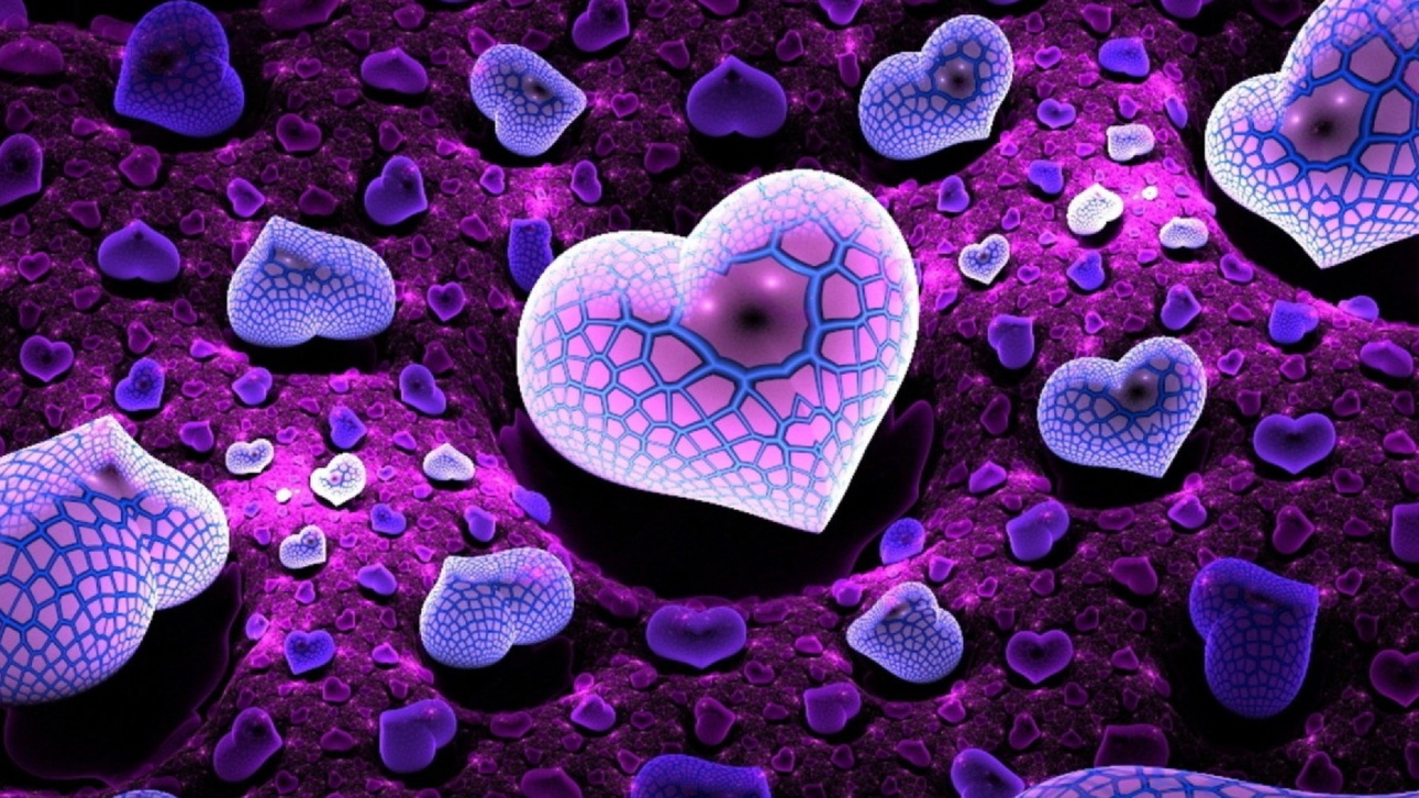 Много разных фиолетовых сердец 