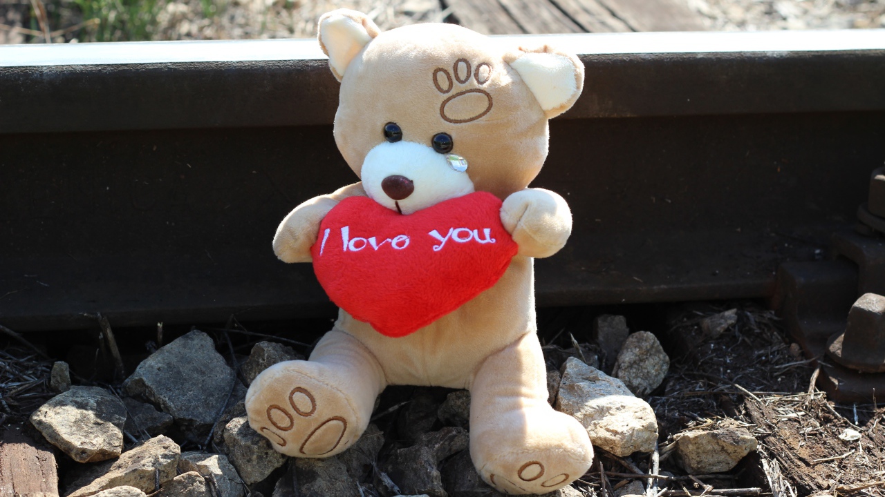 Игрушечный медведь с красным сердцем сидит на рельсах 