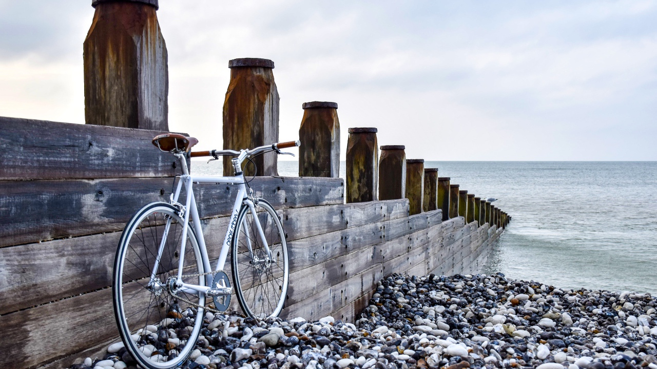 Велосипед стоит и моста на берегу моря