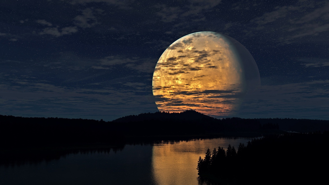 A huge moon is reflected in the river at night