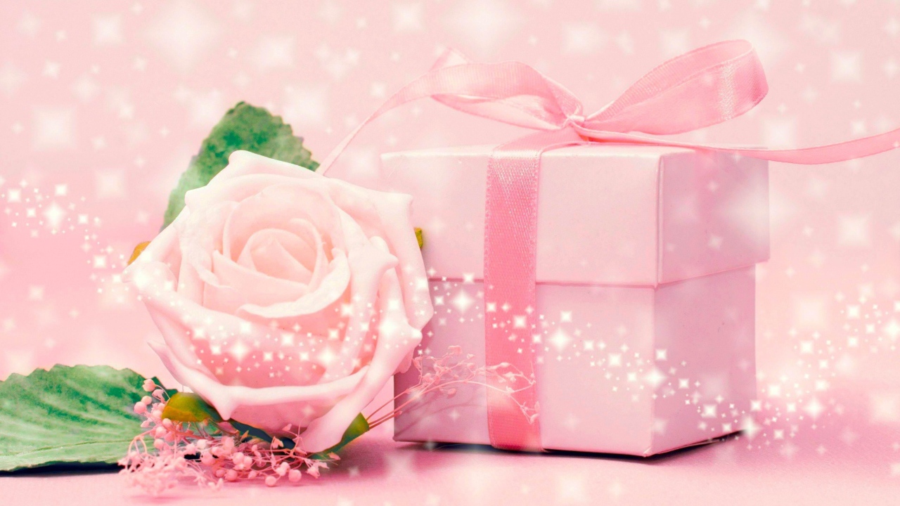 Розовая коробка с подарком и розовой розой 