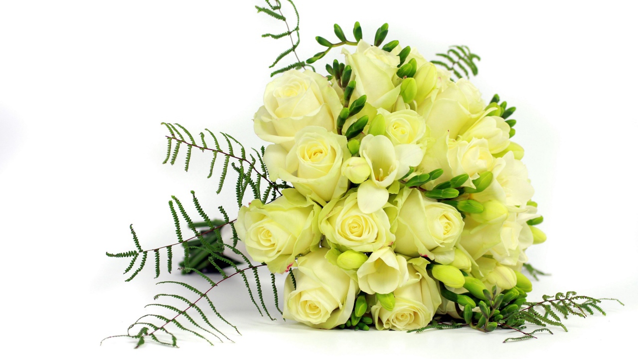 Белые цветы роз и фрезии в праздничном букете на белом фоне