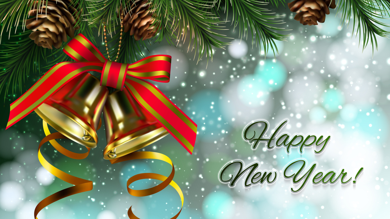 Веселые колокольчики на еловой ветки с надпись на Новый год 