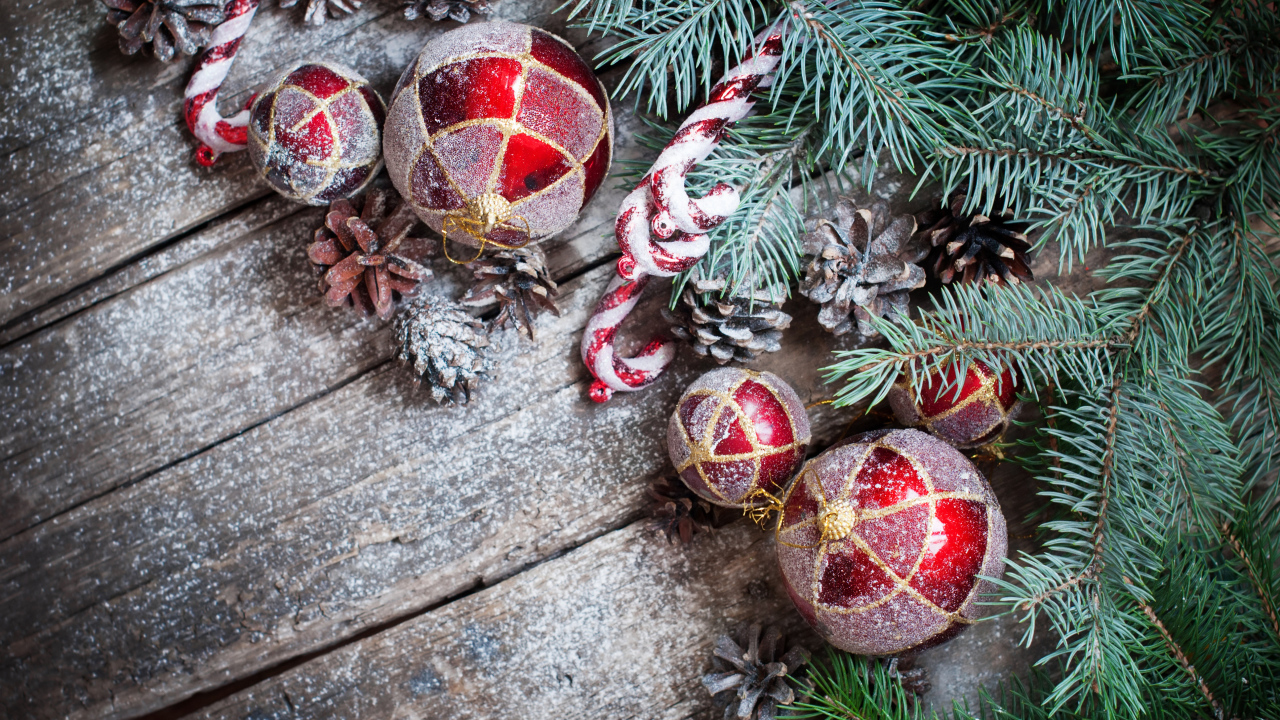 Красные еловые игрушки, шишки и зеленая еловая ветка на Новый год и Рождество 2019 