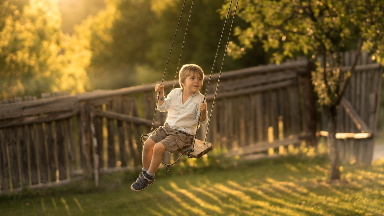 Маленький мальчик катается на качели летом