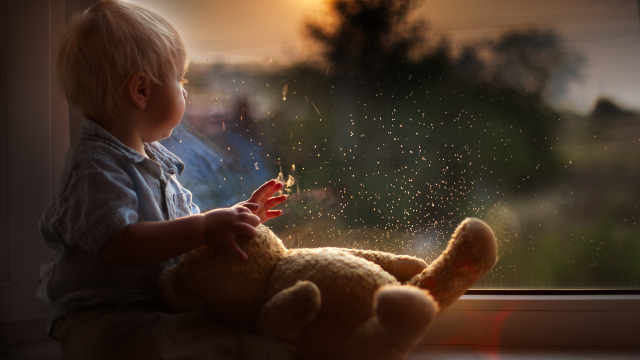 Маленький мальчик с игрушкой у окна